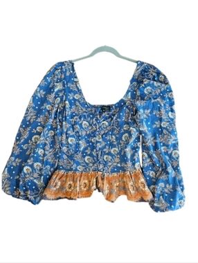 Boho Floral Ruffle Women’s Top - Blue & Orange-Size Medium-NWOT